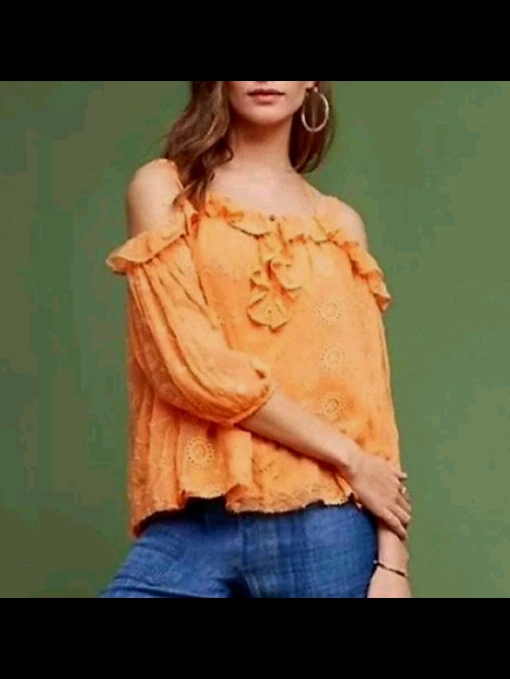 Floreat by Anthropologie Orange Off-Shoulder Strappy Eyelet Top size M Fray Hem